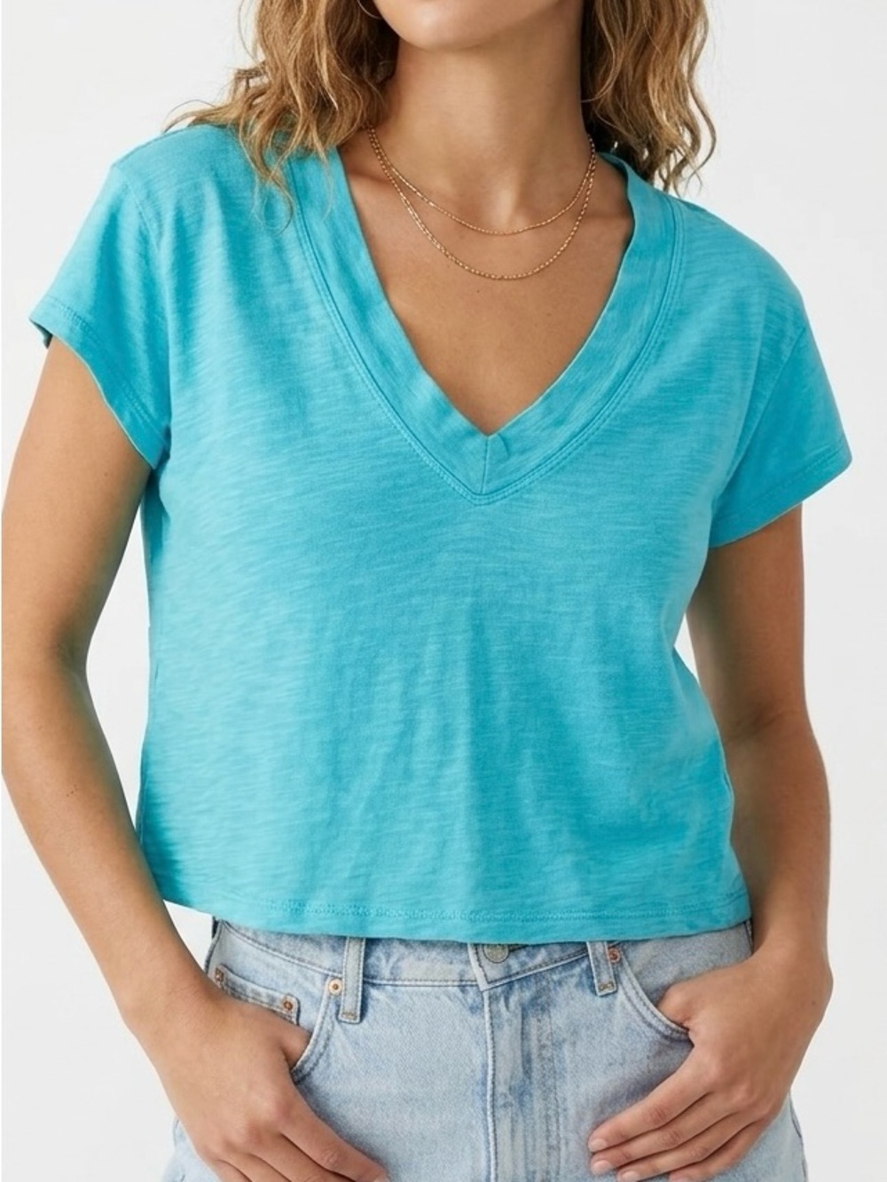 Anthropologie Pilcro Plunge V-Neck Boxy Crop Tee Blue XXS Coastal Casual